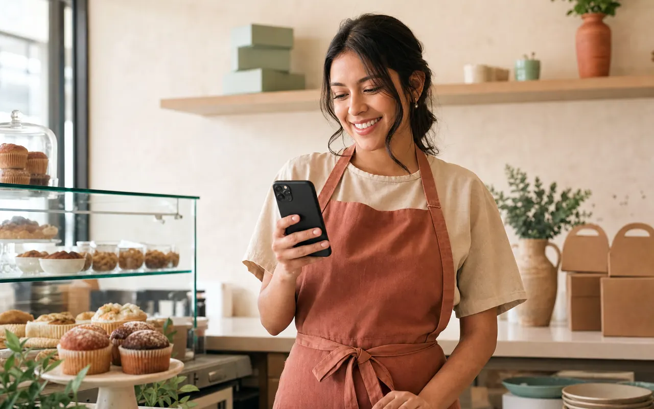 Dueña de una repostería feliz al recibir una solicitud en su celular